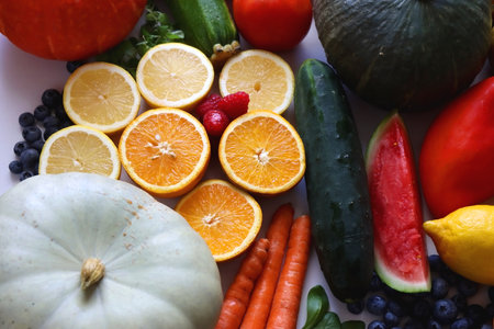 Various seasonal fruits and vegetables on white background. Summer and fall produce. Selective focus.の写真素材