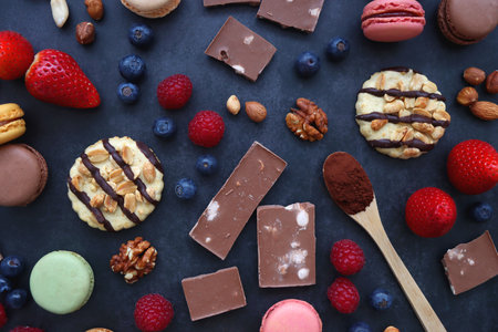Macarons, chocolate, cookies, berries and various nuts on dark blue background. Top view.の写真素材