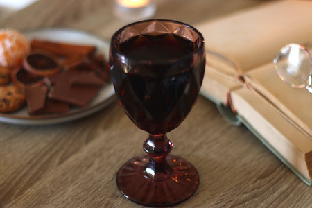 Books, lit candles, red wine, snacks and various decoration on the table. Dark academia or Halloween concept. Selective focus.の写真素材