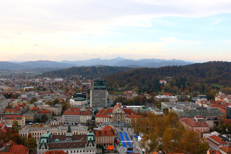 Aerial view of central Ljubljana, capital of  Slovenia, from Ljubljana Castle. Autumn in the picturesque city.の写真素材