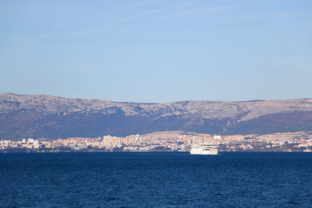 Contemporary buildings, gardens and beaches at the waterfront in Split, Croatia. View of Split from the boat.の写真素材