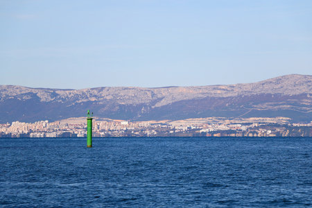 Contemporary buildings, gardens and beaches at the waterfront in Split, Croatia. View of Split from the boat.の写真素材