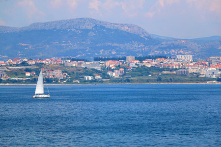 Contemporary buildings, gardens and beaches at the waterfront in Split, Croatia. View of Split from the boat.の写真素材