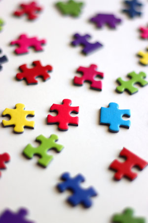 Colorful jigsaw puzzle pieces on white background. Selective focus.の写真素材