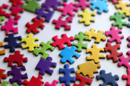 Colorful jigsaw puzzle pieces on white background. Selective focus.の写真素材