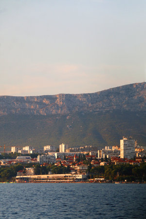 Contemporary buildings, gardens and beaches at the waterfront in Split, Croatia. View of Split from the boat.の写真素材