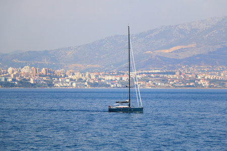 Contemporary buildings, gardens and beaches at the waterfront in Split, Croatia. View of Split from the boat.の写真素材