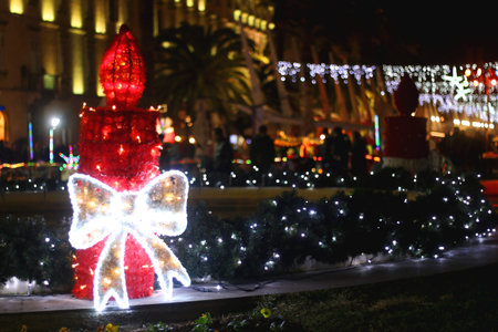 Christmas decorations and lights on Riva Promenade in Split, Croatia. Festive December night in Croatia.の写真素材