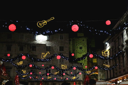 Christmas decorations and lights on Riva Promenade in Split, Croatia. Festive December night in Croatia.の写真素材