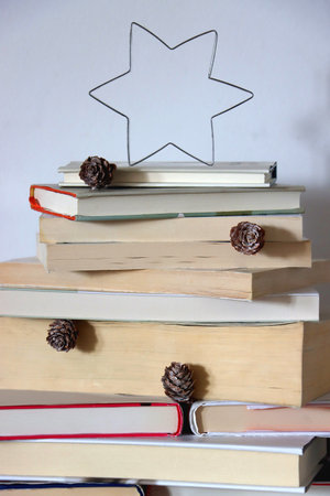 Christmas tree made with stack of books. Cute Christmas tree for booklovers. Selective focus.の写真素材