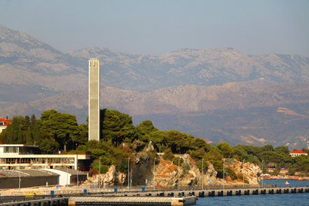 Contemporary buildings, gardens and beaches at the waterfront in Split, Croatia. View of Split from the boat.の写真素材