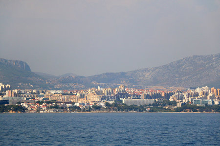 Contemporary buildings, gardens and beaches at the waterfront in Split, Croatia. View of Split from the boat.の写真素材