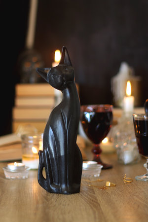 Books, lit candles, red wine, snacks and various deocration on the table. Dark academia or Halloween concept. Selective focus.の写真素材