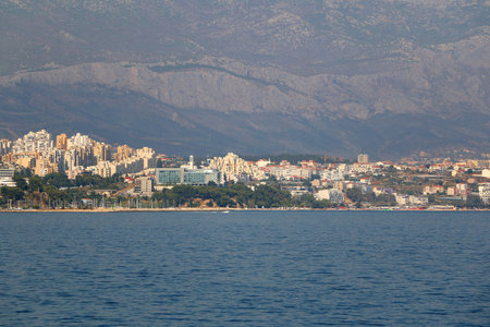 Contemporary buildings, gardens and beaches at the waterfront in Split, Croatia. View of Split from the boat.の写真素材