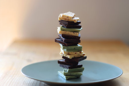 Pile of various chocolate pieces on a plate. Dark, white and matcha chocolate. Selective focus.の写真素材