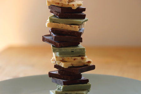 Pile of various chocolate pieces on a plate. Dark, white and matcha chocolate. Selective focus.の写真素材