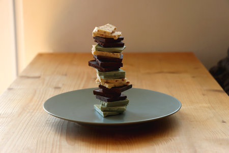 Pile of various chocolate pieces on a plate. Dark, white and matcha chocolate. Selective focus.の写真素材