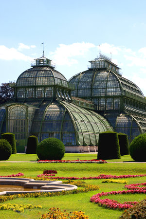 Historical greenhouse and beautiful garden in SchÃ¶nbrunn Park, in Vienna, Austria. Historical landmark in Vienna.の写真素材