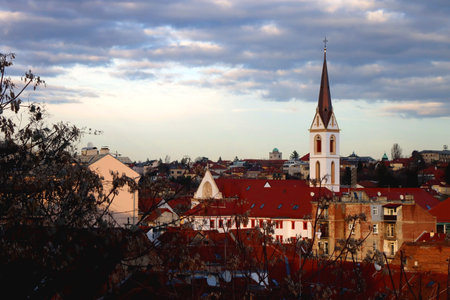 Zagreb skyline with Zagreb Cathedral and St. Mary Church. View from Strossmayer Promenade on Upper Town.の写真素材
