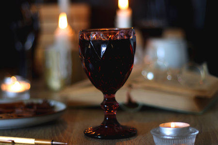 Books, lit candles, red wine, snacks and various deocration on the table. Dark academia or Halloween concept. Selective focus.の写真素材
