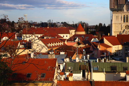 Zagreb skyline with Zagreb Cathedral and St. Mary Church. View from Strossmayer Promenade on Upper Town.の写真素材