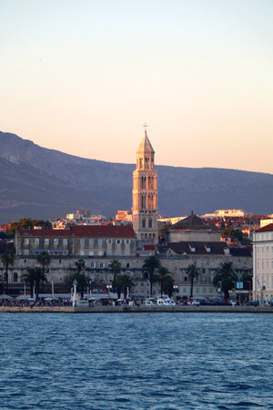 Contemporary buildings, gardens and beaches at the waterfront in Split, Croatia. View of Split from the boat.の写真素材