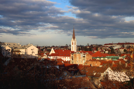 Zagreb skyline with Zagreb Cathedral and St. Mary Church. View from Strossmayer Promenade on Upper Town.の写真素材