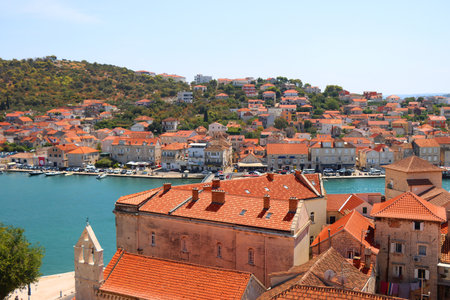 Aerial view of Trogir, Croatia, seen from the Saint Lawrence Cathedral's bell tower. Trogir is idyllic travel destination and UNESCO World Heritage Site.の写真素材