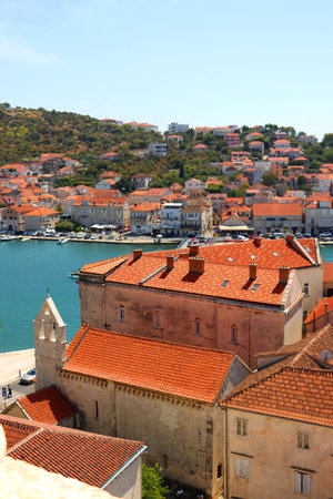 Aerial view of Trogir, Croatia, seen from the Saint Lawrence Cathedral's bell tower. Trogir is idyllic travel destination and UNESCO World Heritage Site.の写真素材