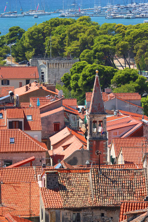 Aerial view of Trogir, Croatia, seen from the Saint Lawrence Cathedral's bell tower. Trogir is idyllic travel destination and UNESCO World Heritage Site.の写真素材