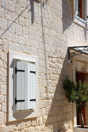 Traditional Mediterranean architectural details in Trogir, Croatia.の写真素材