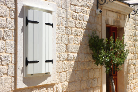 Traditional Mediterranean architectural details in Trogir, Croatia.の写真素材