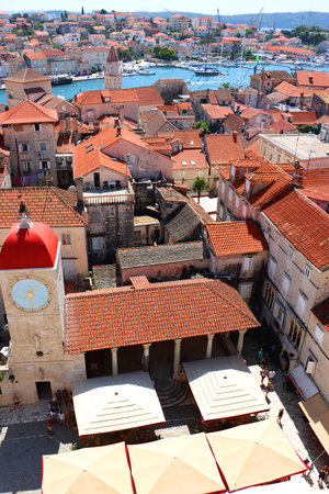 Aerial view of Trogir, Croatia, seen from the Saint Lawrence Cathedral's bell tower. Trogir is idyllic travel destination and UNESCO World Heritage Site.の写真素材