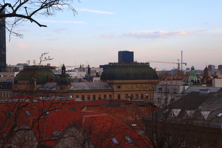 Various historic and contemporary buildings in downtown Zagreb, Croatia.の写真素材