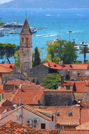 Aerial view of Trogir, Croatia, seen from the Saint Lawrence Cathedral's bell tower. Trogir is idyllic travel destination and UNESCO World Heritage Site.の写真素材