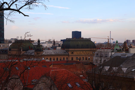 Various historic and contemporary buildings in downtown Zagreb, Croatia.の写真素材