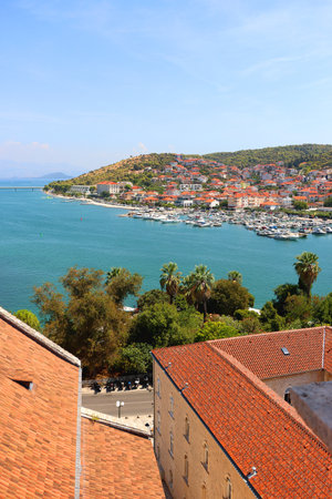 Aerial view of Trogir, Croatia, seen from the Saint Lawrence Cathedral's bell tower. Trogir is idyllic travel destination and UNESCO World Heritage Site.の写真素材