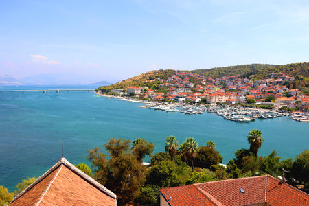 Aerial view of Trogir, Croatia, seen from the Saint Lawrence Cathedral's bell tower. Trogir is idyllic travel destination and UNESCO World Heritage Site.の写真素材