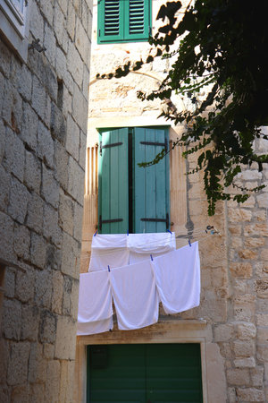 Traditional Mediterranean architectural details in Trogir, Croatia.の写真素材
