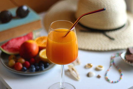 Glass of cocktail, straw hat, sunglasses, books, fresh fruit, chocolate and accessories. Summer essentials on the table. Selective focus.の写真素材