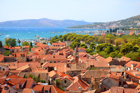 Aerial view of Trogir, Croatia, seen from the Saint Lawrence Cathedral's bell tower. Trogir is idyllic travel destination and UNESCO World Heritage Site.の写真素材
