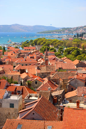 Aerial view of Trogir, Croatia, seen from the Saint Lawrence Cathedral's bell tower. Trogir is idyllic travel destination and UNESCO World Heritage Site.の写真素材