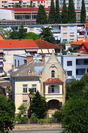 Aerial view of Trogir, Croatia, seen from the Saint Lawrence Cathedral's bell tower. Trogir is idyllic travel destination and UNESCO World Heritage Site.の写真素材
