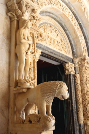 Architectural detail of historical Saint Lawrence's Cathedral in Trogir, Croatia.の写真素材