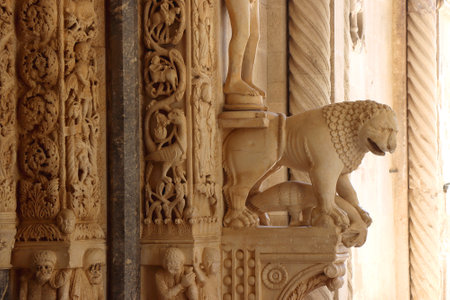 Architectural detail of historical Saint Lawrence's Cathedral in Trogir, Croatia.の写真素材