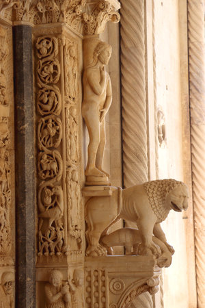 Architectural detail of historical Saint Lawrence's Cathedral in Trogir, Croatia.の写真素材