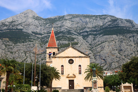 Cathedral of St. Mark and town square in Makarska, Croatia. Makarska is popular summer travel destination.の写真素材