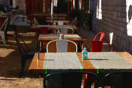 Cafe on the picturesque Mediterranean street in Trogir, Croatia.の写真素材