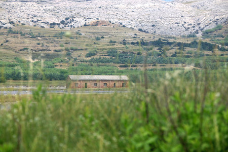 Saltwork and beautiful landscape on island Pag, Croatiaの写真素材