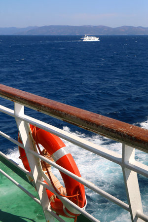 Lifebuoy on the boat. Selective focus.の写真素材